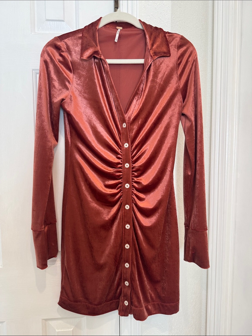 Free People XS Rust Red Velvet Button-Front Long Sleeve Dress
